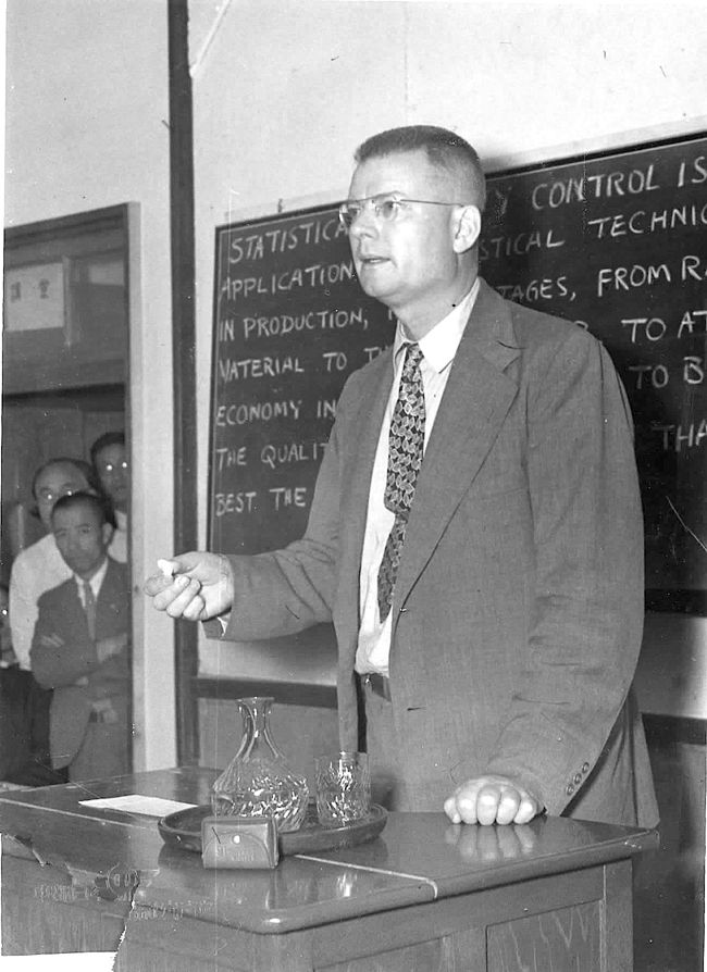 Deming giving lecture in Japan, 1951