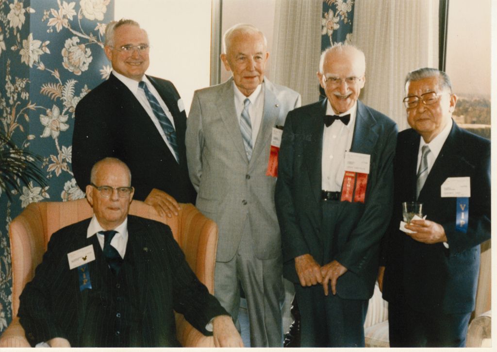 Figure: At the 1986 ASQ Annual Quality Congress, Juran (second from right) met with W. Edwards Deming (seated) and, from left, H. James Harrington, Mason Westcott and Kaoru Ishikawa (Phillips-Donaldson, 2004)